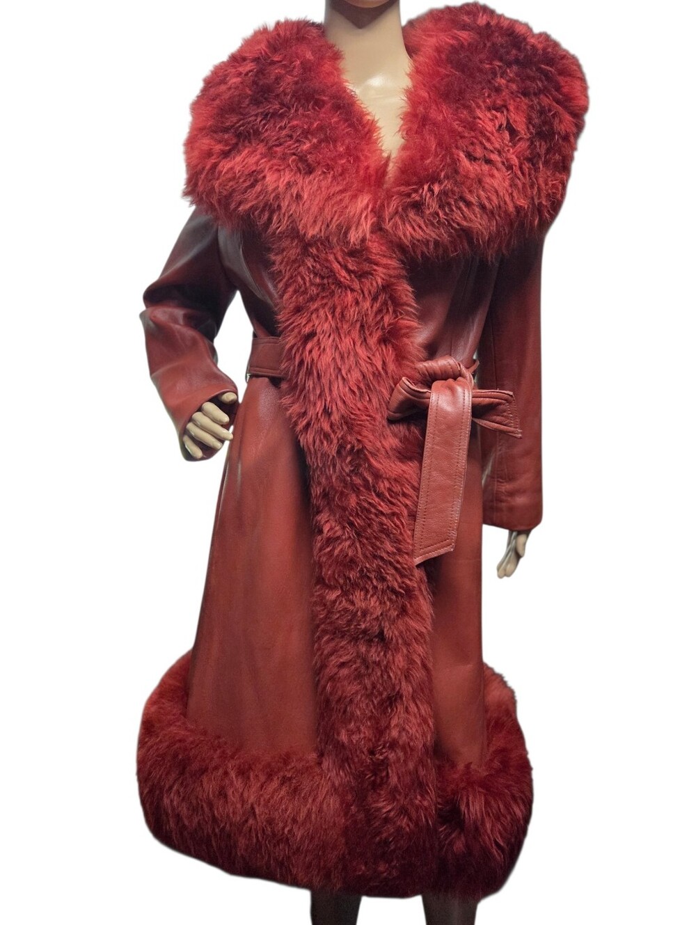 Vintage 1960's Leather Fur Coat Real Shearling 6 8 Medium Burgundy